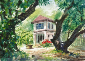 Beautiful village house in the midst of forest water color painting