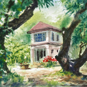 Beautiful village house in the midst of forest water color painting