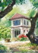 Beautiful village house in the midst of forest water color painting