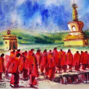 Budhist temple monks walking water color painting