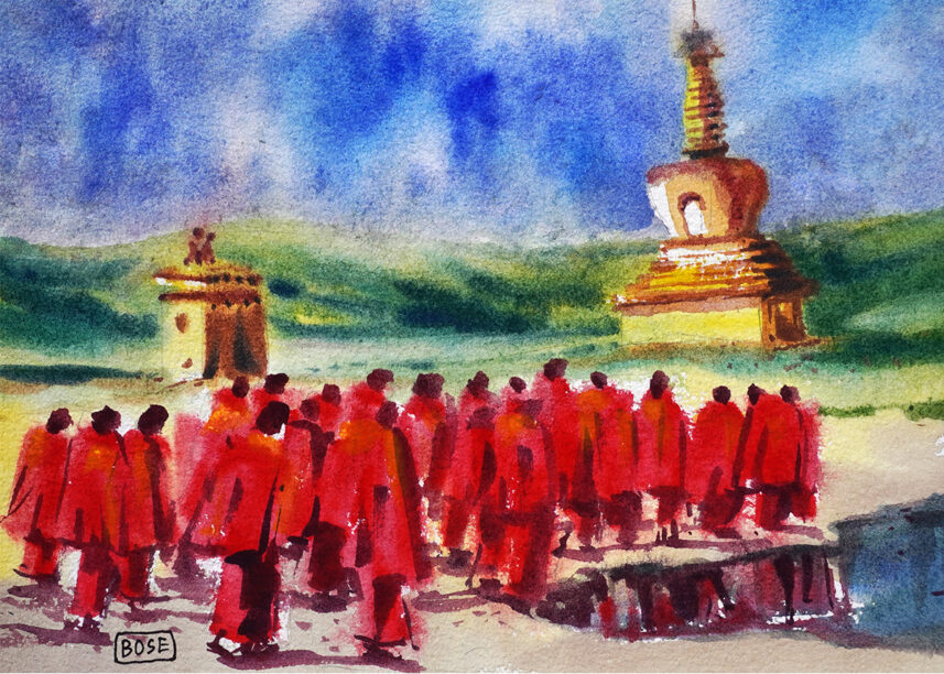 Buddhist temple monks walking water color painting