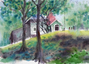 House and trees watercolor painting