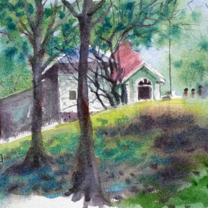 House and trees watercolor painting