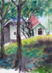 House and trees watercolor painting