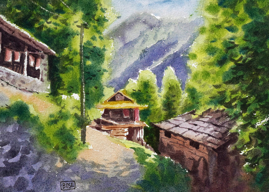 Mountain houses Water color painting