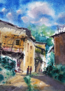 Old village street Water color painting