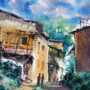 Old village street Water color painting