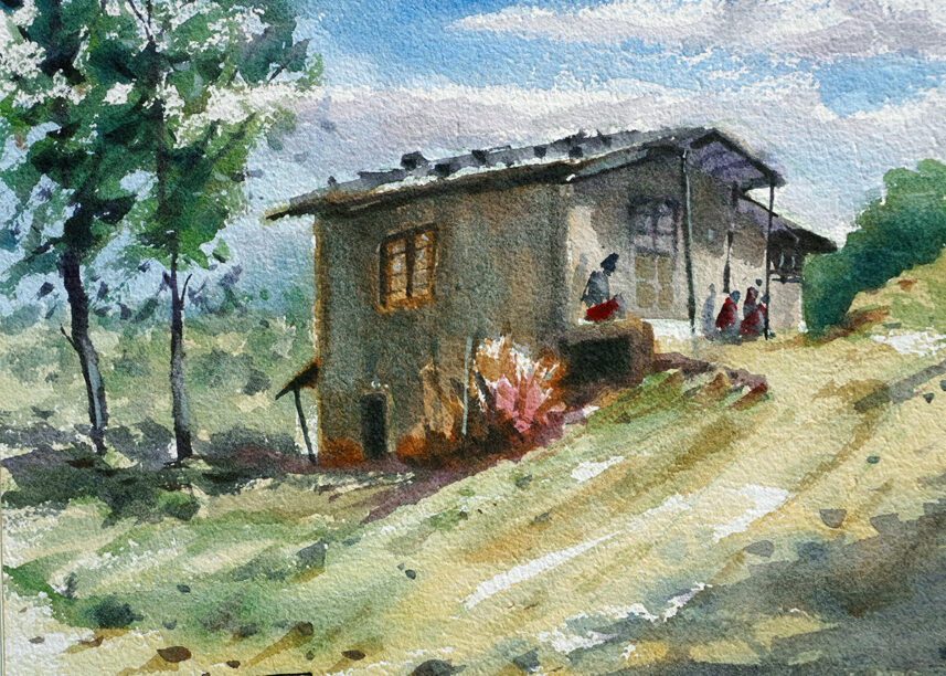 Small hut watercolor painting