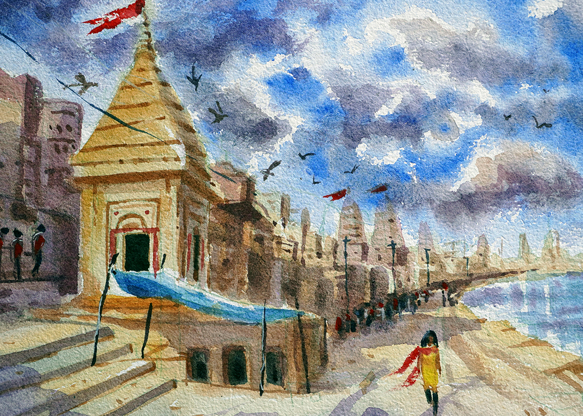 Stone temple Watercolor painting