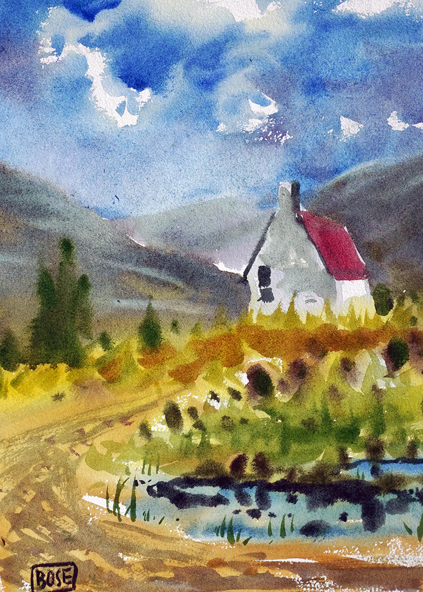 The old church water color painting