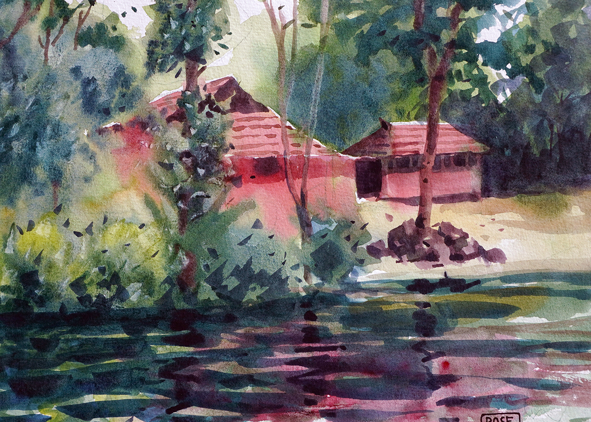 Village house water color painting