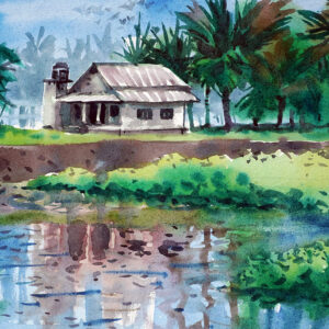 Water and  small hut water color painting