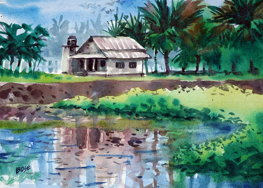 Water and small hut water color painting