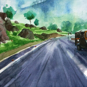 Water color painting autorickshaw on the road