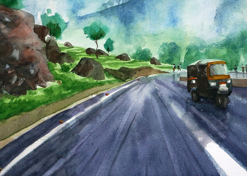 Water color painting autorickshaw on the road