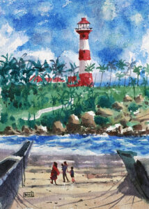 Water color painting beach light house