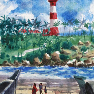 Water color painting beach light house