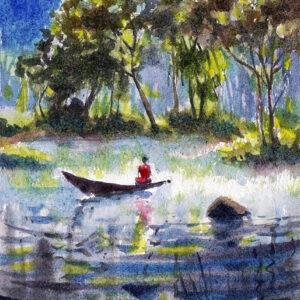 Water color painting boat in the water