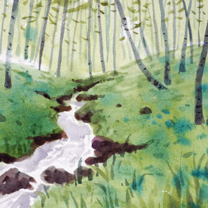 Water color painting flowing river