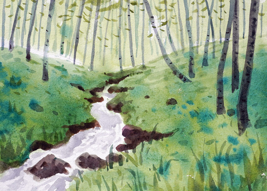 Water color painting flowing river