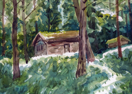 Water color painting forest house