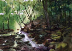 Water color painting forest river