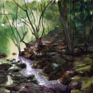 Water color painting forest river