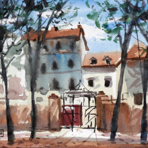 Water color painting house and trees