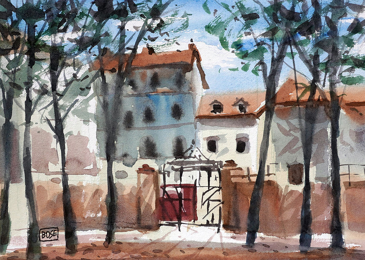 Water color painting house and trees