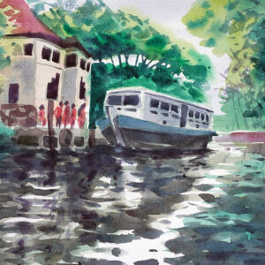 Water color painting house boat in the water