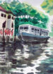 Water color painting house boat in the water