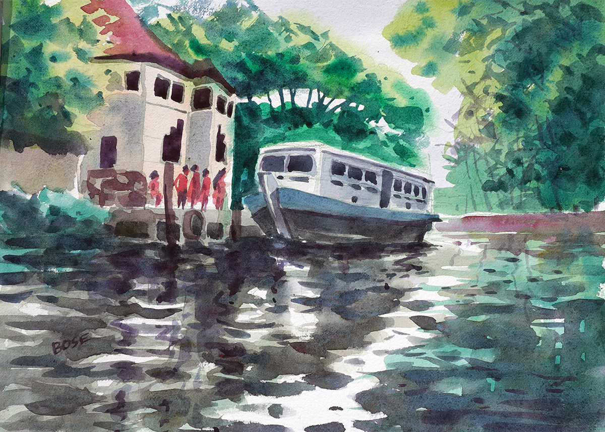 Water color painting house boat in the water