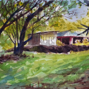 Water color painting house in the forest