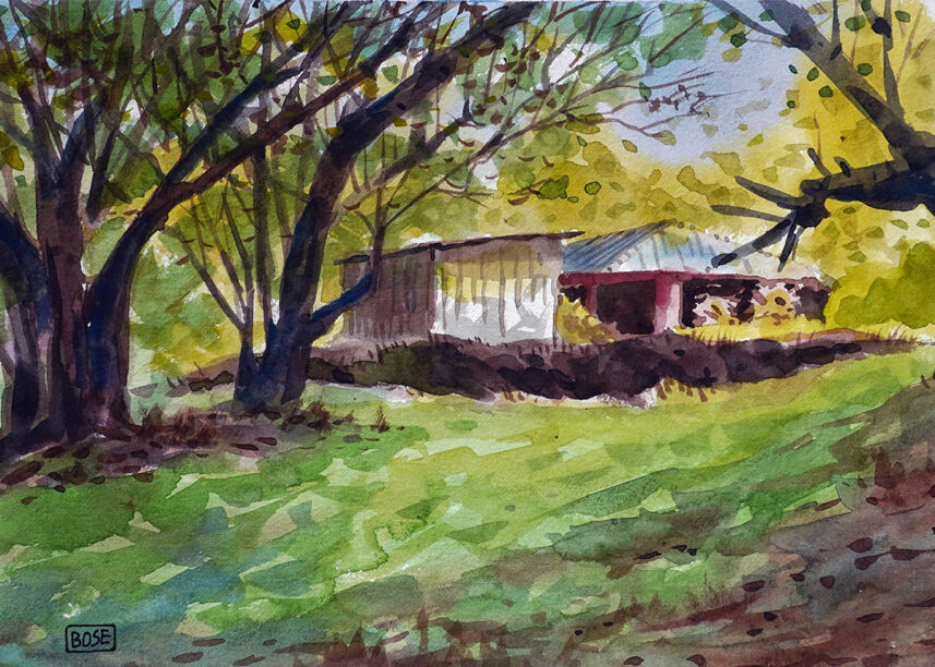 Water color painting house in the forest