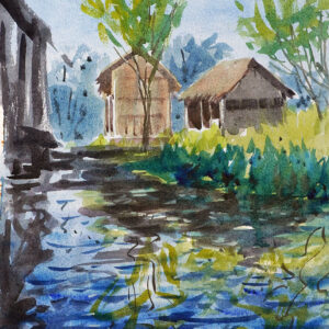 Water color painting huts and water