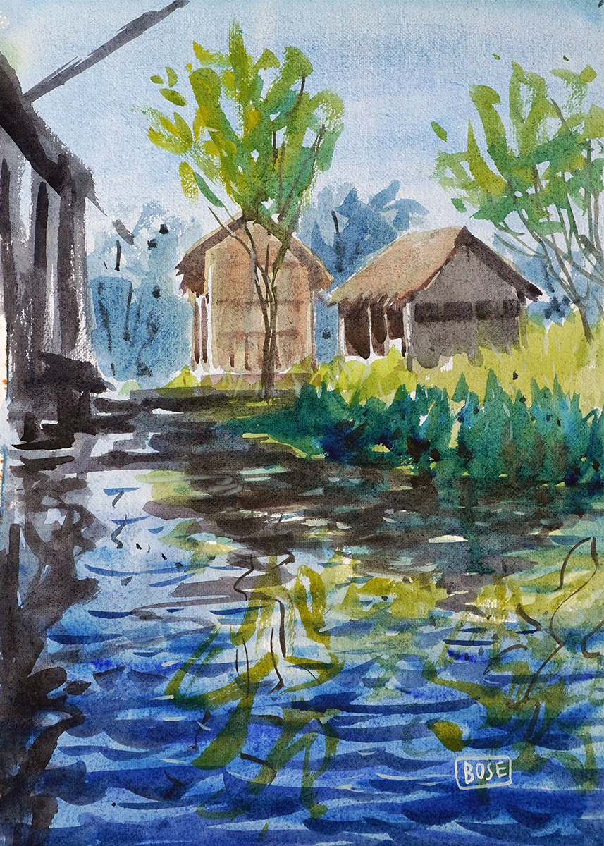 Water color painting huts and water