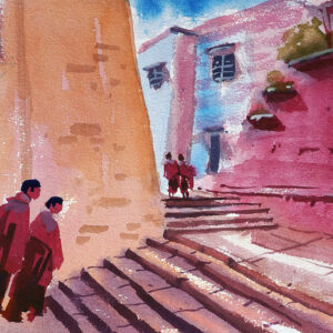 Water color painting monks and temple