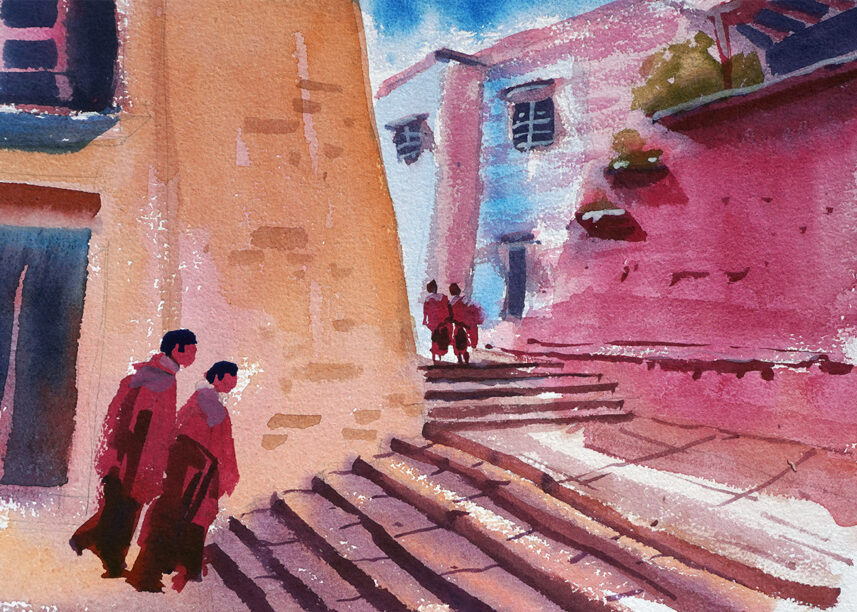 Water color painting monks and temple