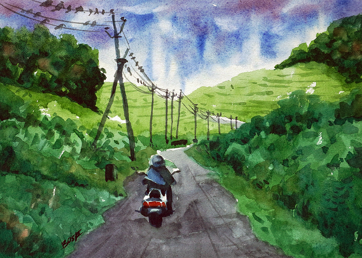 Water color painting mountain road