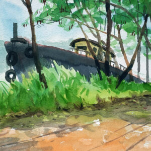 Water color painting old boat in the river