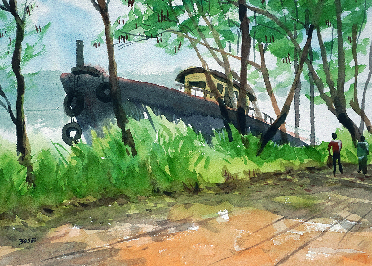 Water color painting old boat in the river