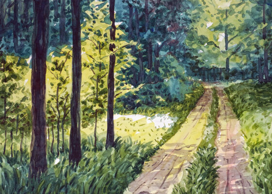 Water color painting road and trees