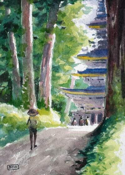 Water color painting road to the temple