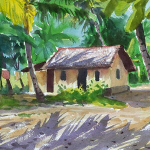 Water color painting small village hut