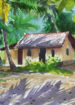 Water color painting small village hut