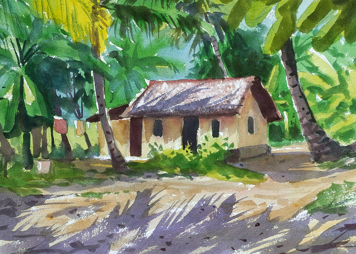 Water color painting small village hut