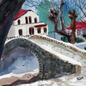 Water color painting stone bridge and house