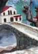 Water color painting stone bridge and house