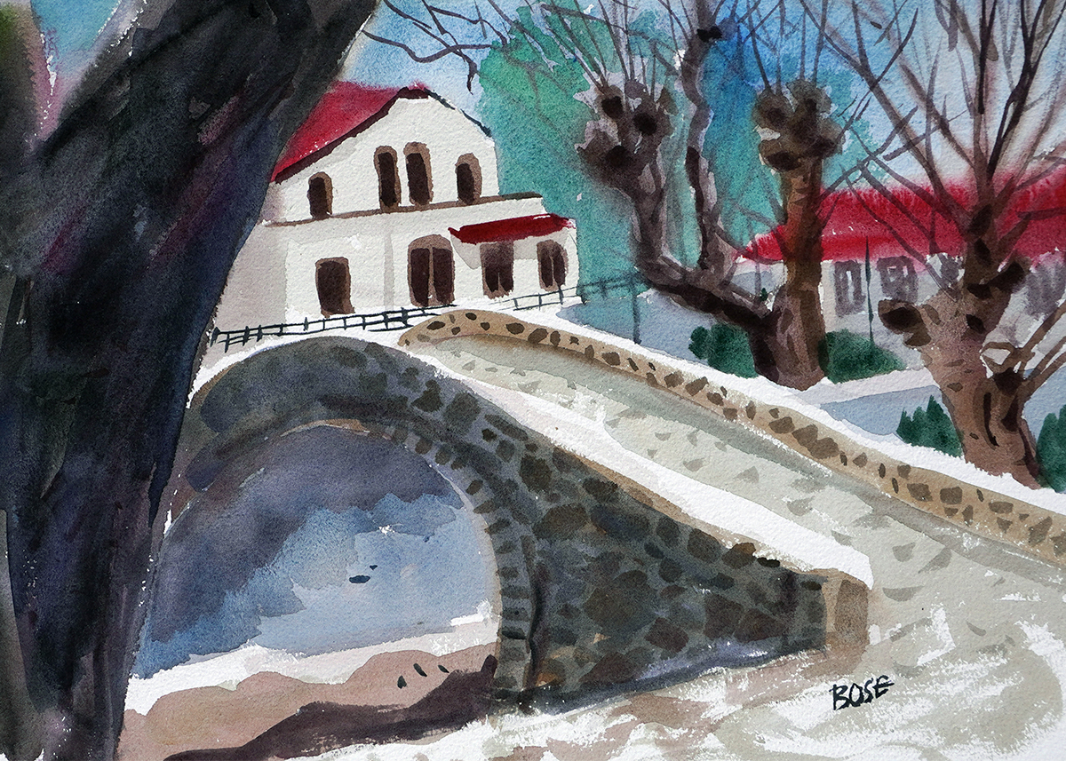 Water color painting stone bridge and house