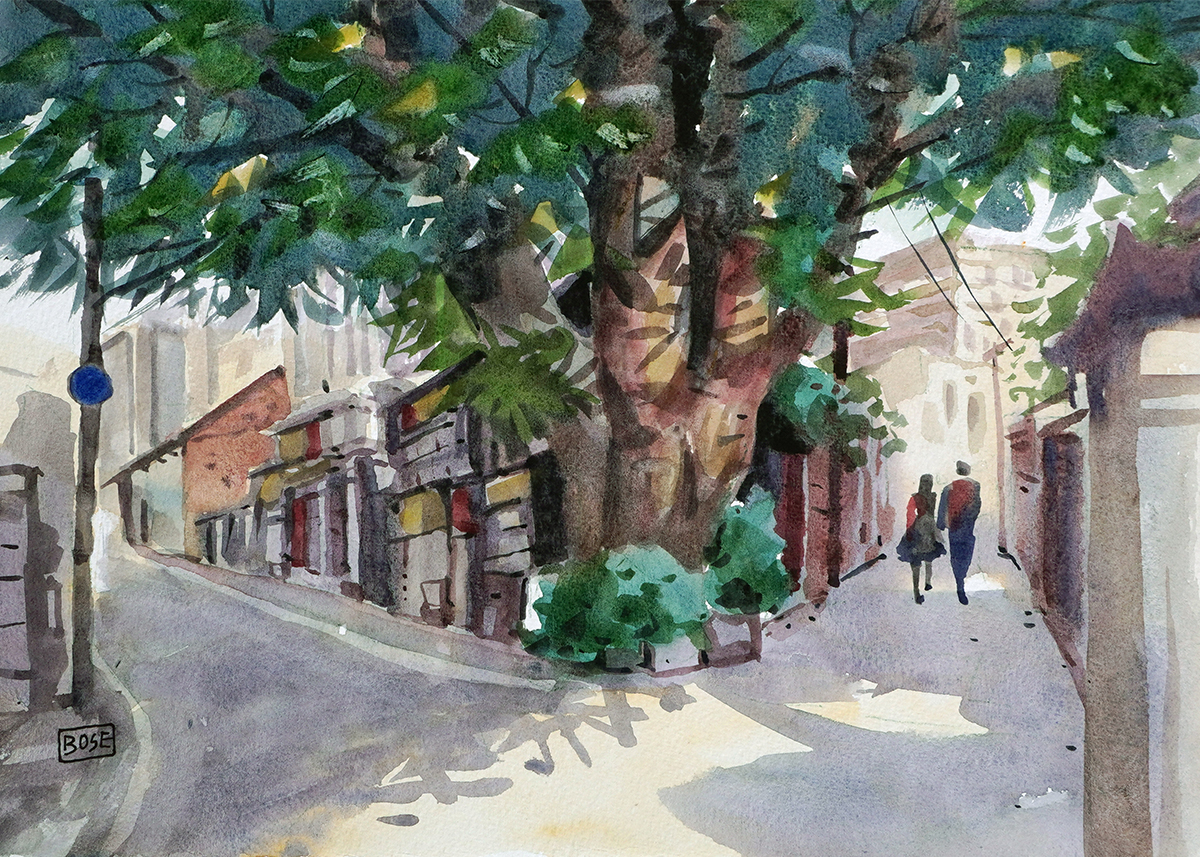 Water color painting street building